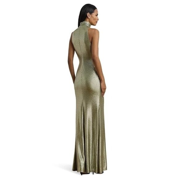 295$ Lauren Ralph Lauren Retleah Gown Maxi Dress Size 8 Olive Grove Gold Foil - Picture 2 of 3